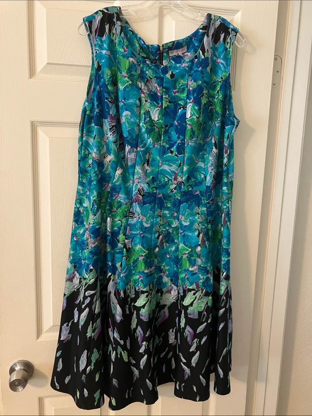 Dress Barn Blue Green Floral A-Line Dress with Black Hem